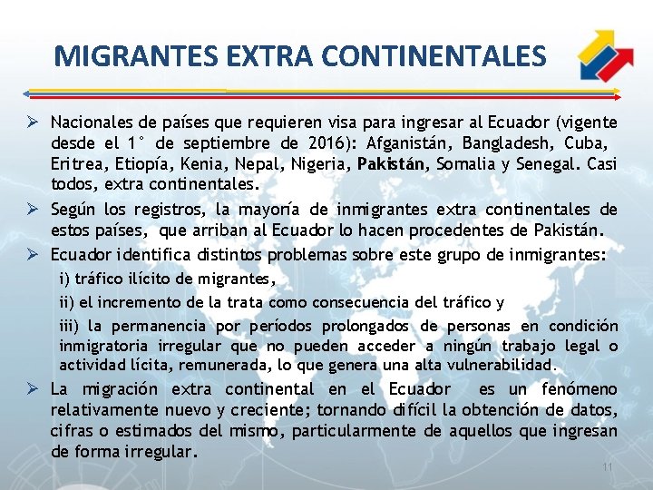 MIGRANTES EXTRA CONTINENTALES Ø Nacionales de países que requieren visa para ingresar al Ecuador