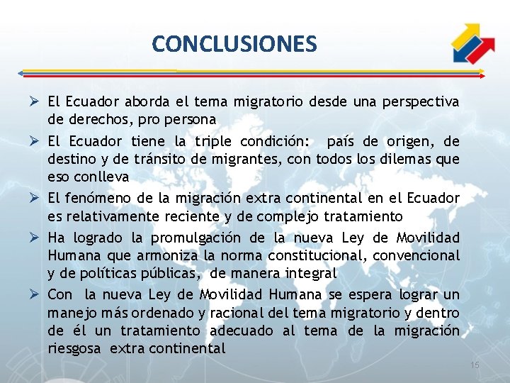 CONCLUSIONES Ø El Ecuador aborda el tema migratorio desde una perspectiva de derechos, pro