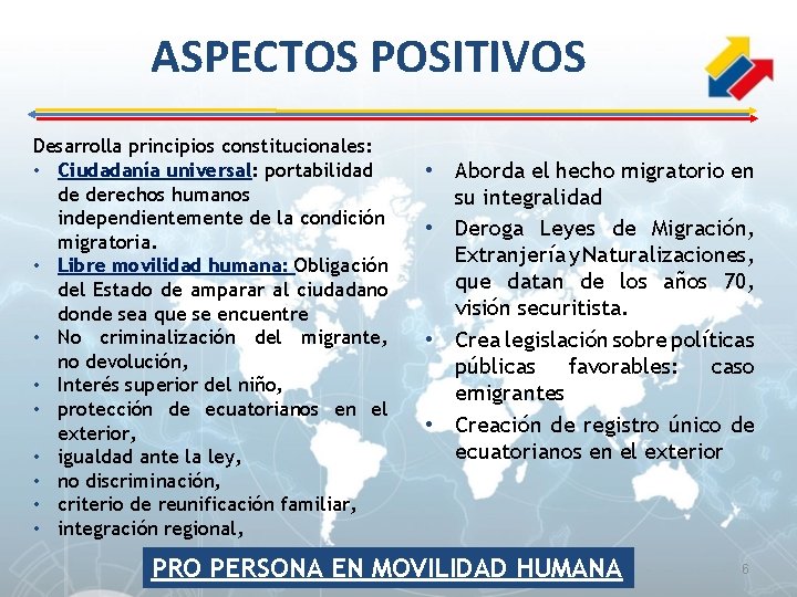 ASPECTOS POSITIVOS Desarrolla principios constitucionales: • Ciudadanía universal: portabilidad de derechos humanos independientemente de