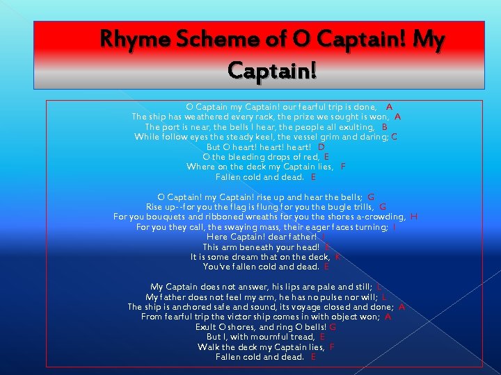 Rhyme Scheme of O Captain! My Captain! O Captain my Captain! our fearful trip