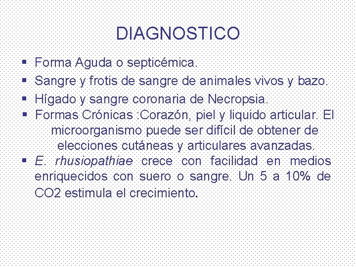 DIAGNOSTICO § § Forma Aguda o septicémica. Sangre y frotis de sangre de animales