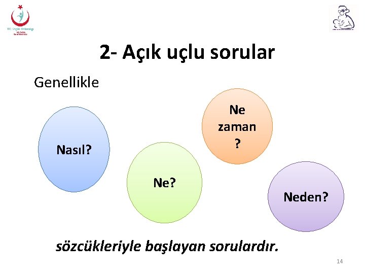 2 - Açık uçlu sorular Genellikle Ne zaman ? Nasıl? Ne? Neden? sözcükleriyle başlayan