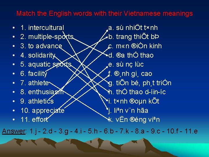 Match the English words with their Vietnamese meanings • • • 1. intercultural 2.