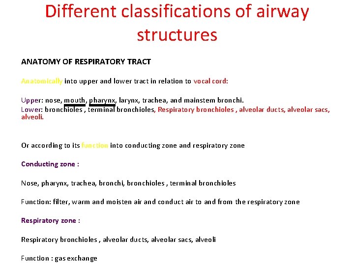 Different classifications of airway structures ANATOMY OF RESPIRATORY TRACT Anatomically into upper and lower