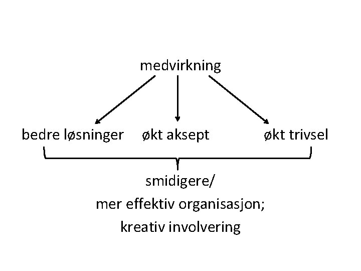 medvirkning bedre løsninger økt aksept økt trivsel smidigere/ mer effektiv organisasjon; kreativ involvering 