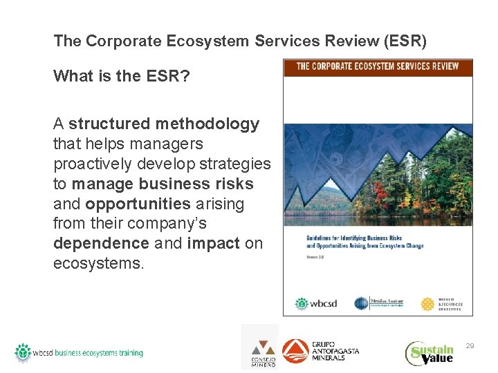 The Corporate Ecosystem Services Review (ESR) What is the ESR? A structured methodology that