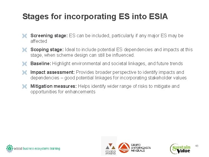 Stages for incorporating ES into ESIA Ë Screening stage: ES can be included, particularly