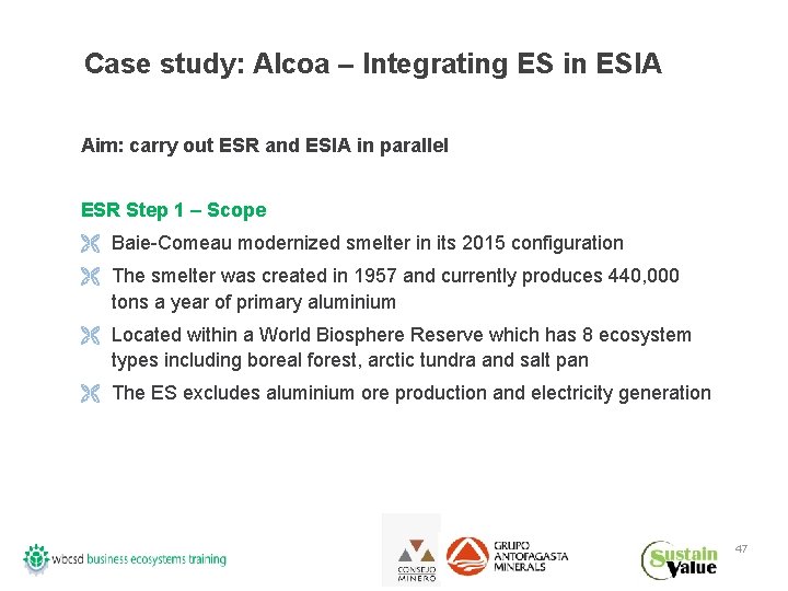 Case study: Alcoa – Integrating ES in ESIA Aim: carry out ESR and ESIA