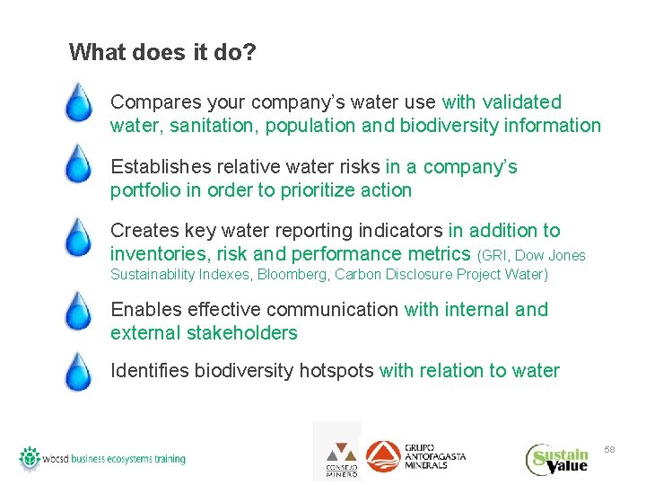 What does it do? Compares your company’s water use with validated water, sanitation, population