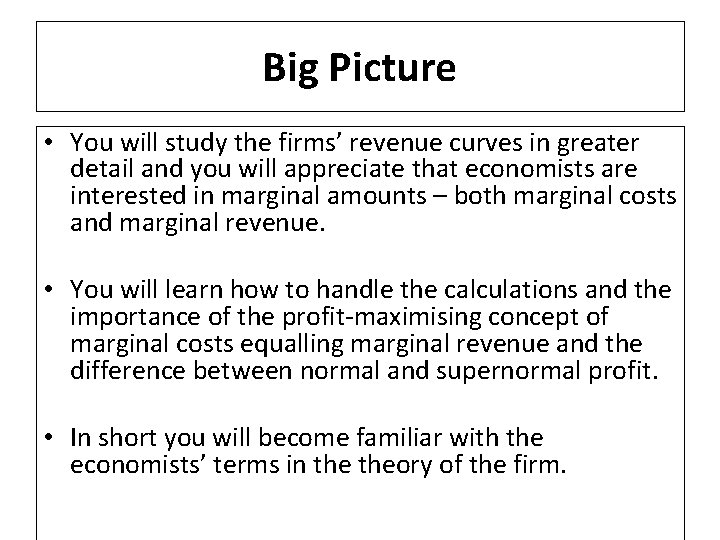 Big Picture • You will study the firms’ revenue curves in greater detail and