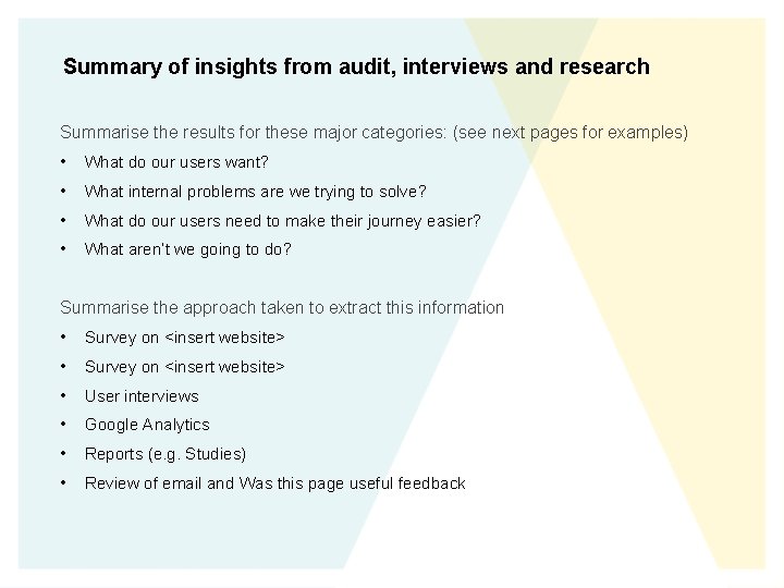 Summary of insights from audit, interviews and research Summarise the results for these major