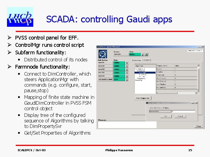 SCADA: controlling Gaudi apps Ø PVSS control panel for EFF. Ø Control. Mgr runs