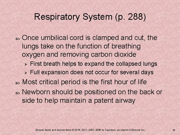 Respiratory System (p. 288) Once umbilical cord is clamped and cut, the lungs take
