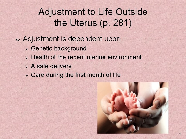 Adjustment to Life Outside the Uterus (p. 281) Adjustment is dependent upon Ø Ø