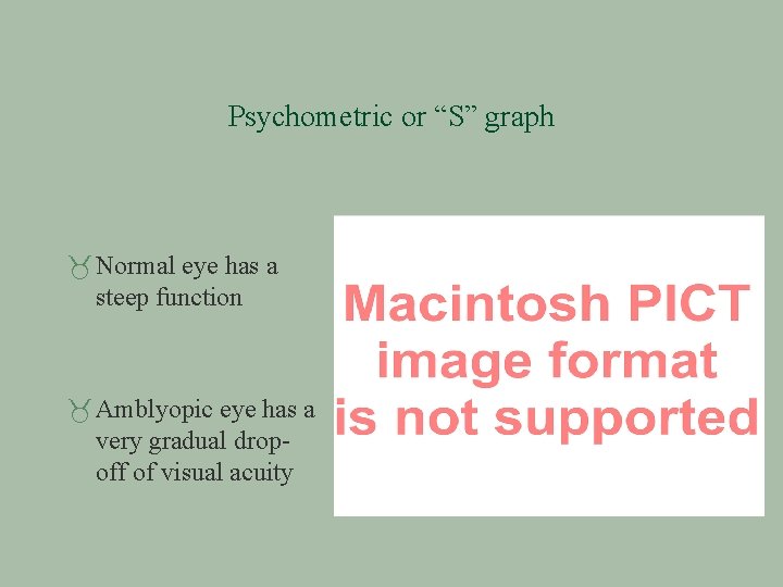 Psychometric or “S” graph Normal eye has a steep function Amblyopic eye has a