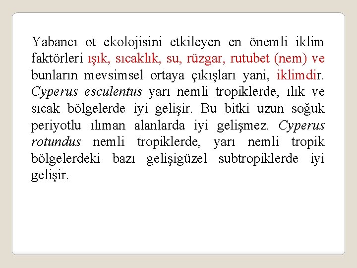 Yabancı ot ekolojisini etkileyen en önemli iklim faktörleri ışık, sıcaklık, su, rüzgar, rutubet (nem)