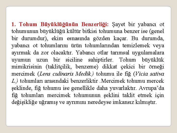 1. Tohum Büyüklüğünün Benzerliği: Şayet bir yabancı ot tohumunun büyüklüğü kültür bitkisi tohumuna benzer