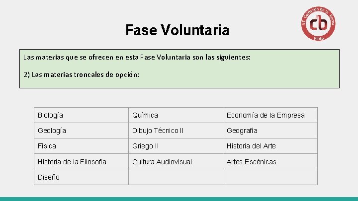 Fase Voluntaria Las materias que se ofrecen en esta Fase Voluntaria son las siguientes: