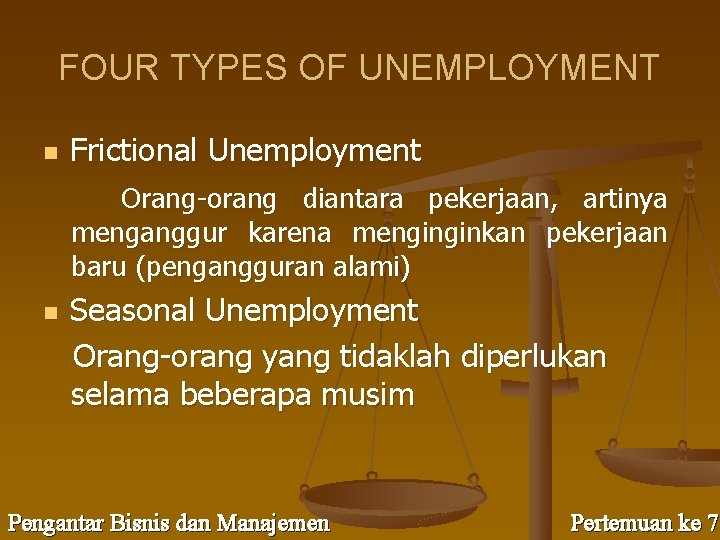 FOUR TYPES OF UNEMPLOYMENT n Frictional Unemployment Orang-orang diantara pekerjaan, artinya menganggur karena menginginkan