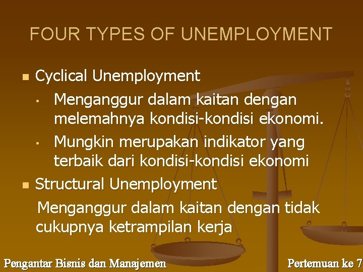 FOUR TYPES OF UNEMPLOYMENT n n Cyclical Unemployment • Menganggur dalam kaitan dengan melemahnya