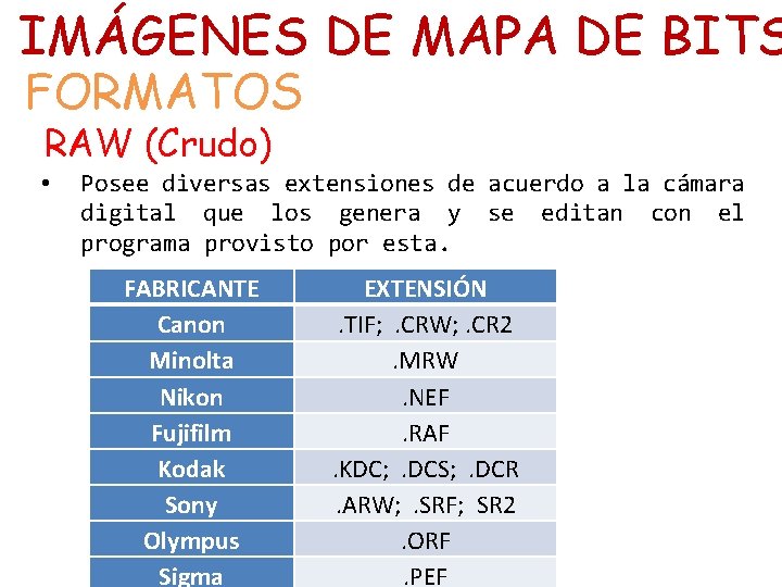 IMÁGENES DE MAPA DE BITS FORMATOS RAW (Crudo) • Posee diversas extensiones de acuerdo
