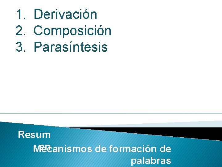 1. Derivación 2. Composición 3. Parasíntesis Resum en Mecanismos de formación de palabras 