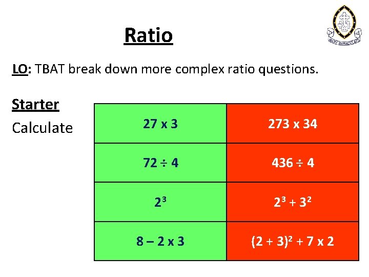 Ratio LO: TBAT break down more complex ratio questions. Starter Calculate 27 x 3