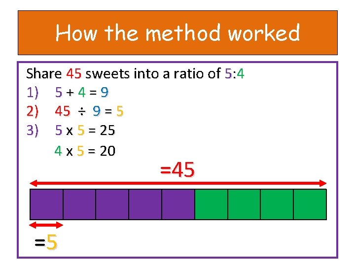 How the method worked Share 45 sweets into a ratio of 5: 4 1)