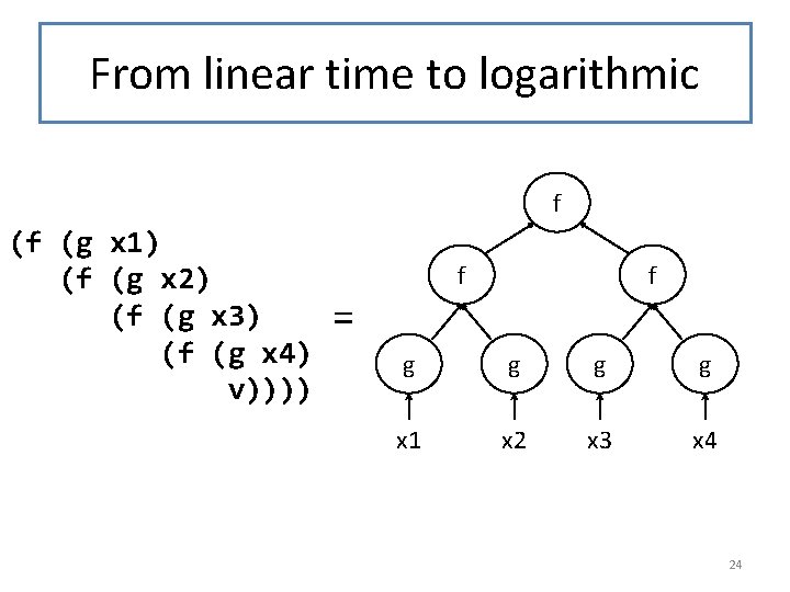 From linear time to logarithmic f (f (g x 1) (f (g x 2)