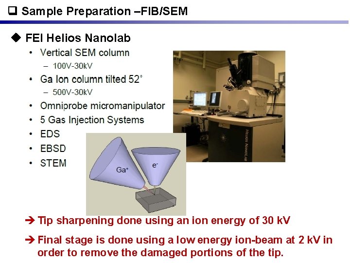  Sample Preparation –FIB/SEM u FEI Helios Nanolab è Tip sharpening done using an