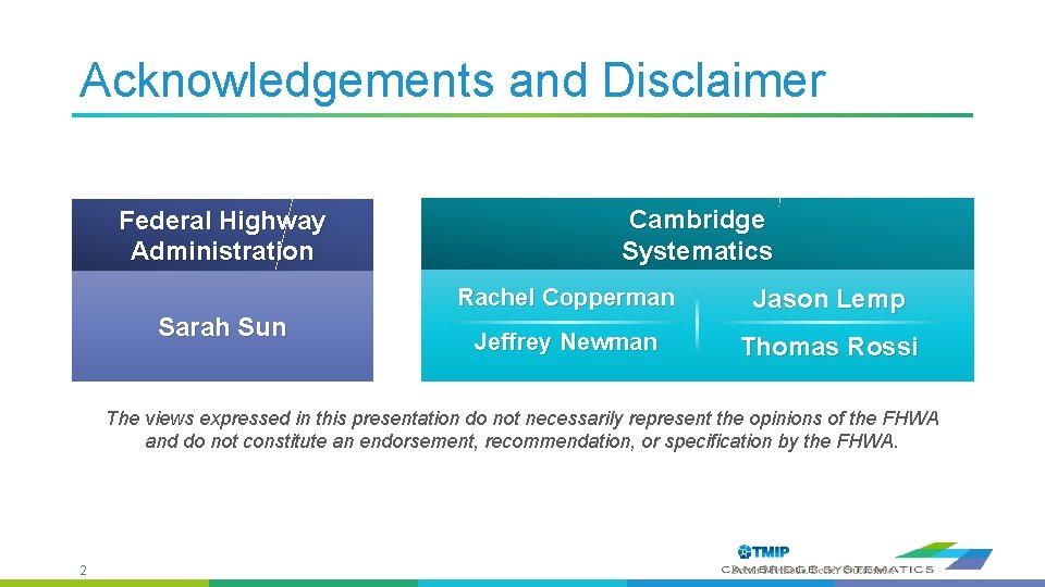 Acknowledgements and Disclaimer Federal Highway Administration Sarah Sun Cambridge Systematics Rachel Copperman Jason Lemp