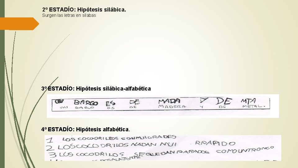 2º ESTADÍO: Hipótesis silábica. Surgen las letras en sílabas 3º ESTADÍO: Hipótesis silábica-alfabética 4º