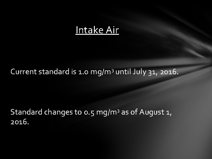 Intake Air Current standard is 1. 0 mg/m 3 until July 31, 2016. Standard