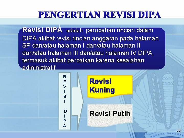 PENGERTIAN REVISI DIPA Revisi DIPA adalah perubahan rincian dalam DIPA akibat revisi rincian anggaran