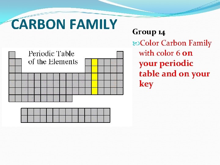 CARBON FAMILY Group 14 Color Carbon Family with color 6 on your periodic table