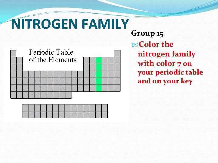 NITROGEN FAMILY Group 15 Color the nitrogen family with color 7 on your periodic