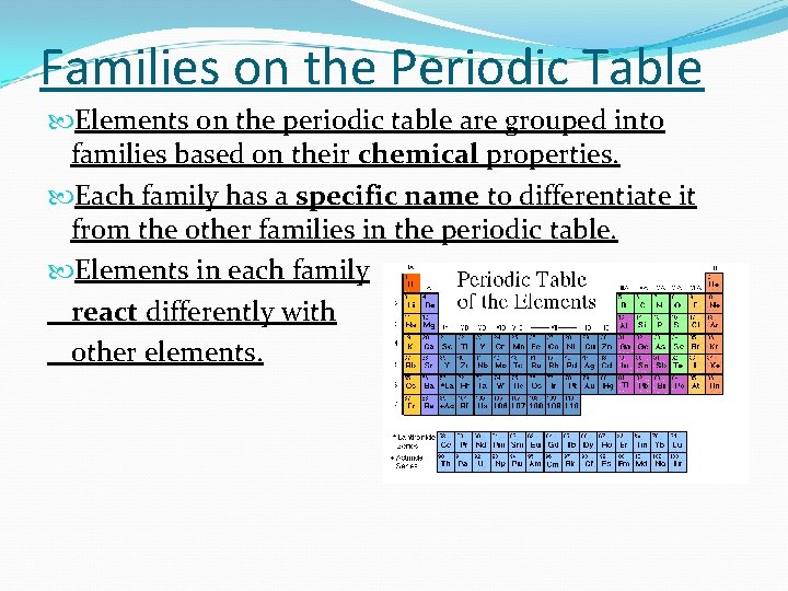 Families on the Periodic Table Elements on the periodic table are grouped into families