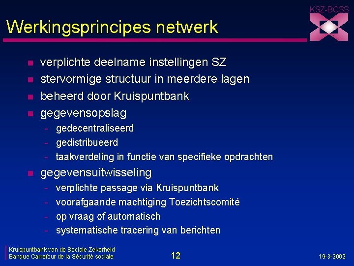 KSZ-BCSS Werkingsprincipes netwerk n n verplichte deelname instellingen SZ stervormige structuur in meerdere lagen