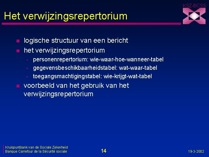 KSZ-BCSS Het verwijzingsrepertorium n n logische structuur van een bericht het verwijzingsrepertorium - personenrepertorium: