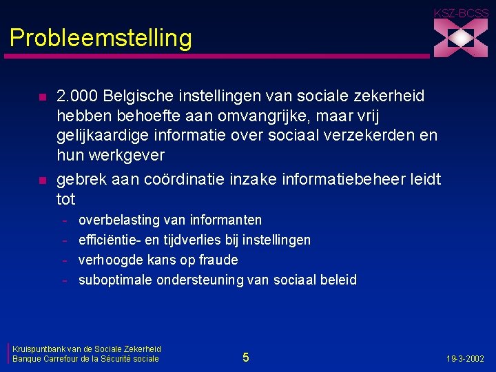 KSZ-BCSS Probleemstelling n n 2. 000 Belgische instellingen van sociale zekerheid hebben behoefte aan