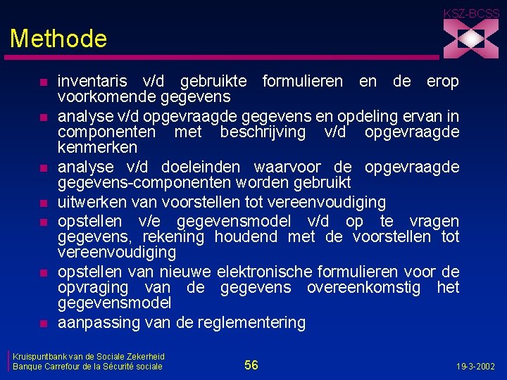 KSZ-BCSS Methode n n n n inventaris v/d gebruikte formulieren en de erop voorkomende