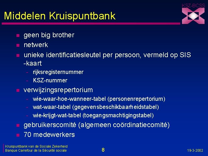 KSZ-BCSS Middelen Kruispuntbank n n n geen big brother netwerk unieke identificatiesleutel persoon, vermeld