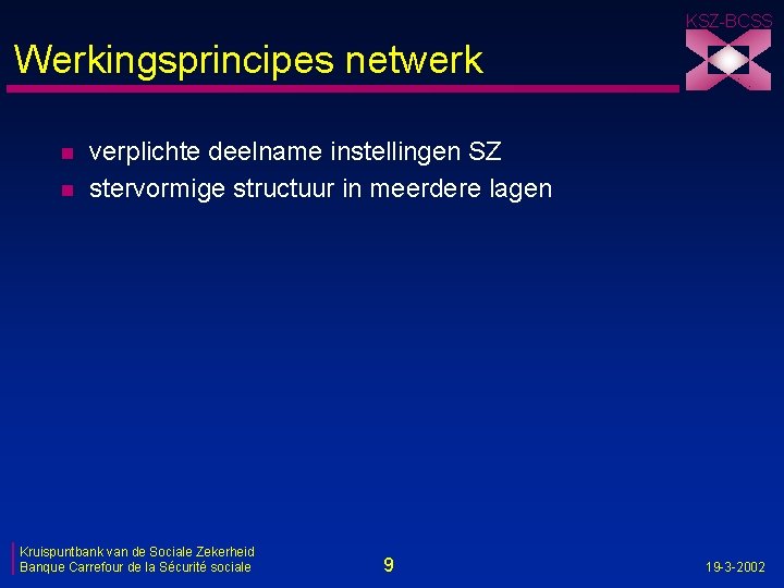 KSZ-BCSS Werkingsprincipes netwerk n n verplichte deelname instellingen SZ stervormige structuur in meerdere lagen