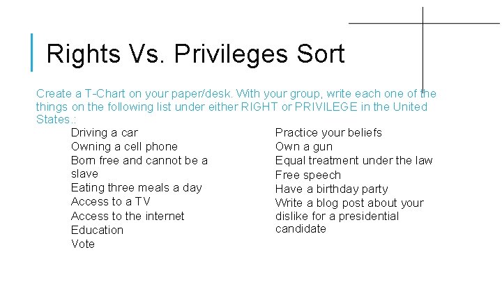 Rights Vs. Privileges Sort Create a T-Chart on your paper/desk. With your group, write