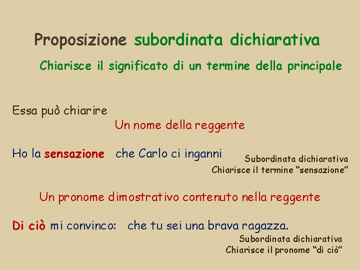 Proposizione subordinata dichiarativa Chiarisce il significato di un termine della principale Essa può chiarire