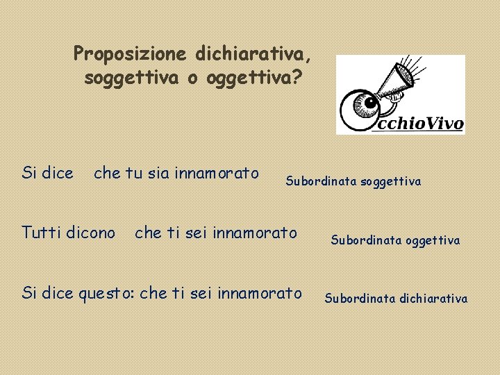 Proposizione dichiarativa, soggettiva o oggettiva? Si dice che tu sia innamorato Tutti dicono Subordinata