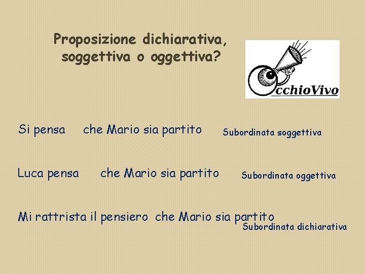 Proposizione dichiarativa, soggettiva o oggettiva? Si pensa Luca pensa che Mario sia partito Subordinata