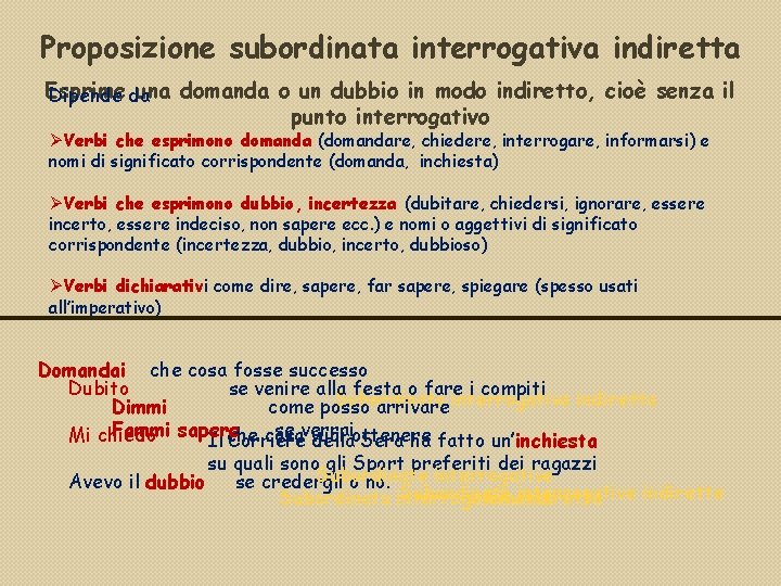 Proposizione subordinata interrogativa indiretta Esprime una domanda o un dubbio in modo indiretto, cioè