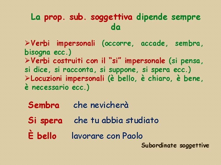 La prop. sub. soggettiva dipende sempre da Verbi impersonali (occorre, accade, sembra, bisogna ecc.