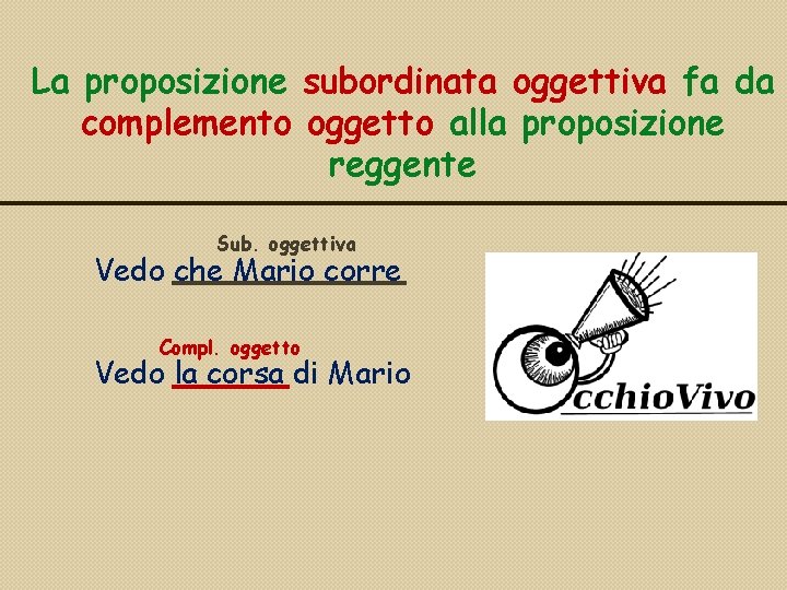 La proposizione subordinata oggettiva fa da complemento oggetto alla proposizione reggente Sub. oggettiva Vedo